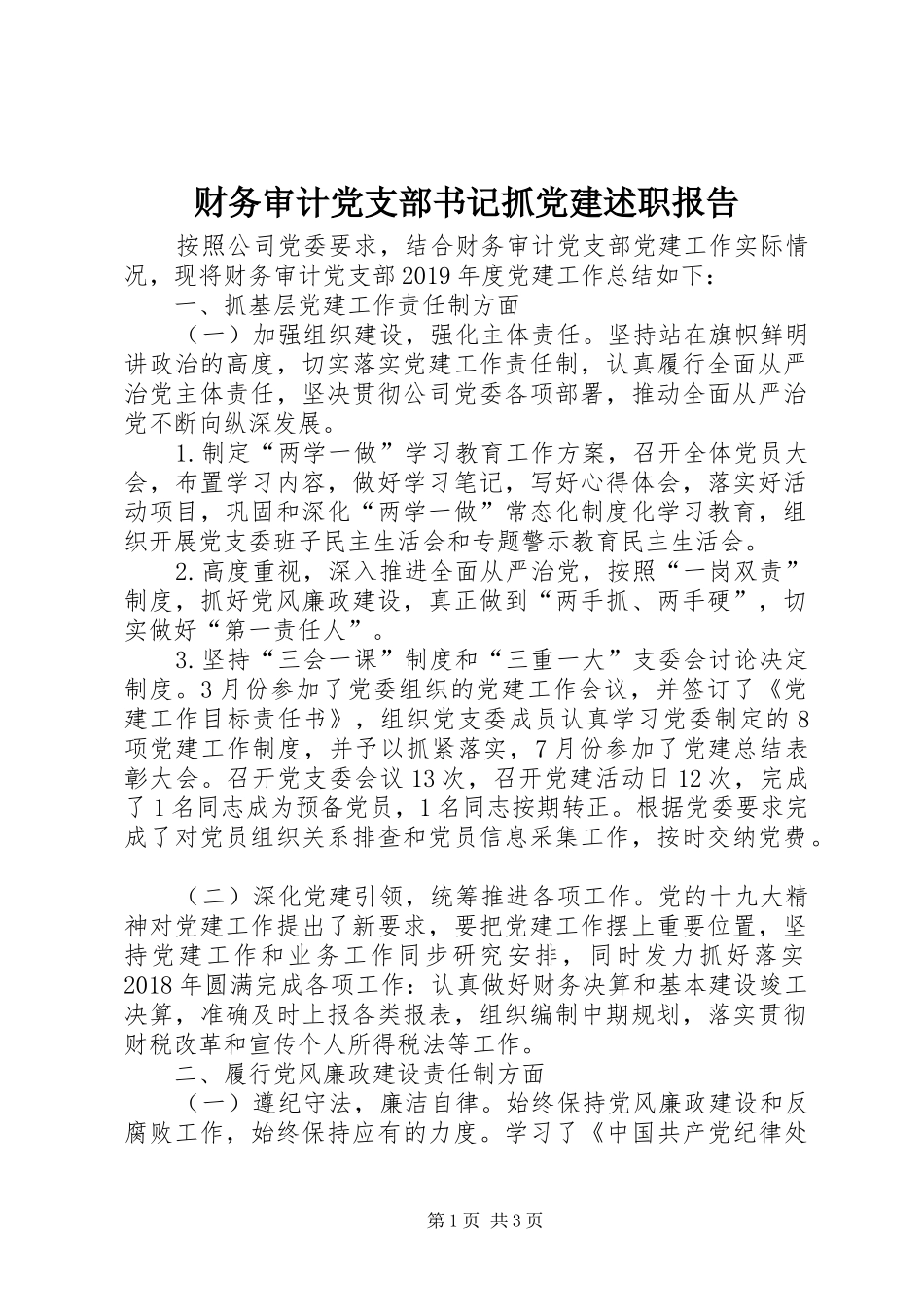 财务审计党支部书记抓党建述职报告_第1页