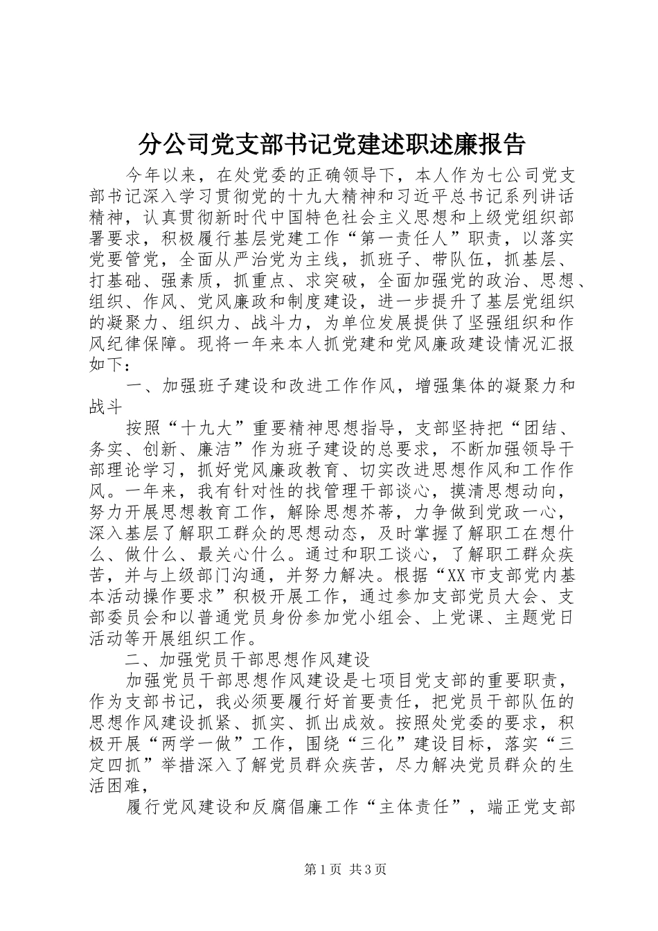 分公司党支部书记党建述职述廉报告_第1页