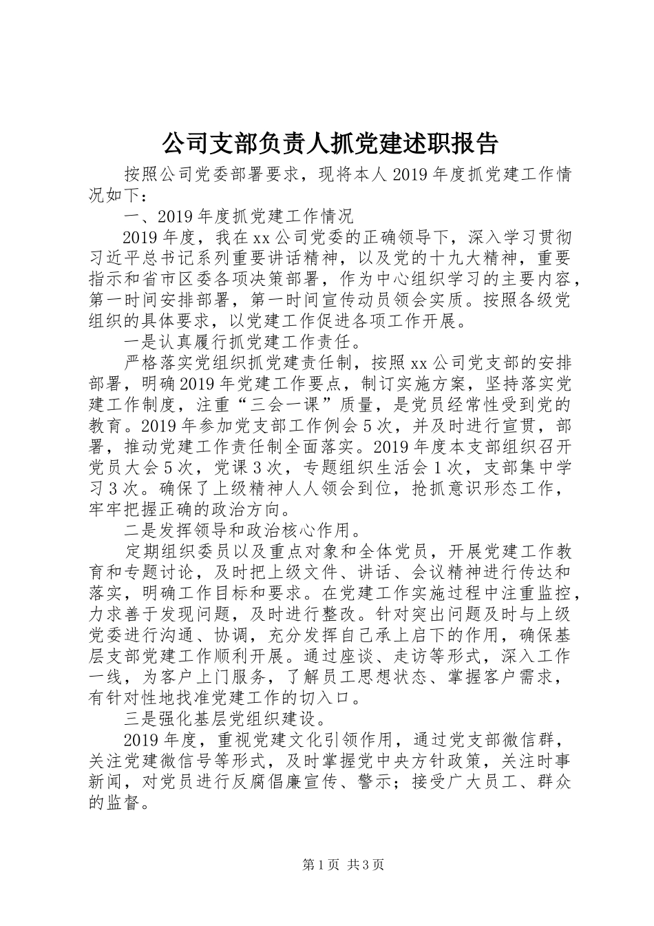 公司支部负责人抓党建述职报告_第1页