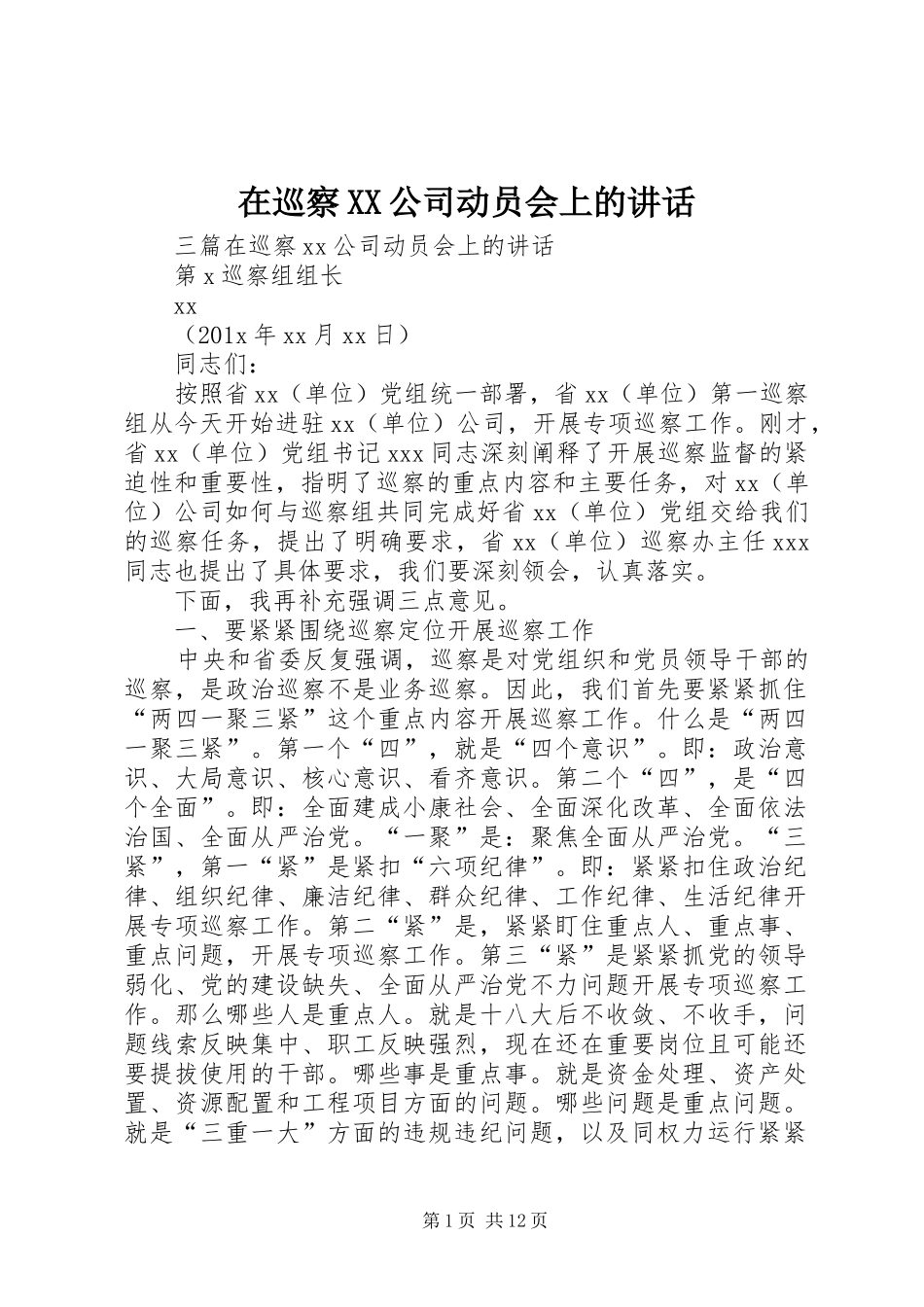 在巡察XX公司动员会上的讲话_第1页