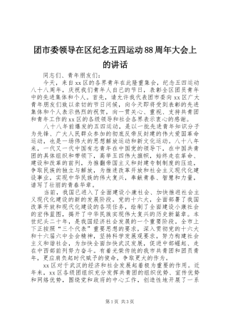 团市委领导在区纪念五四运动88周年大会上的讲话