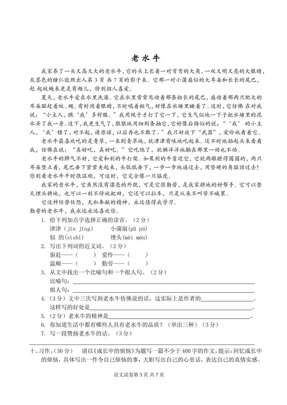 小学六年级语文复习卷(李金连)_第3页