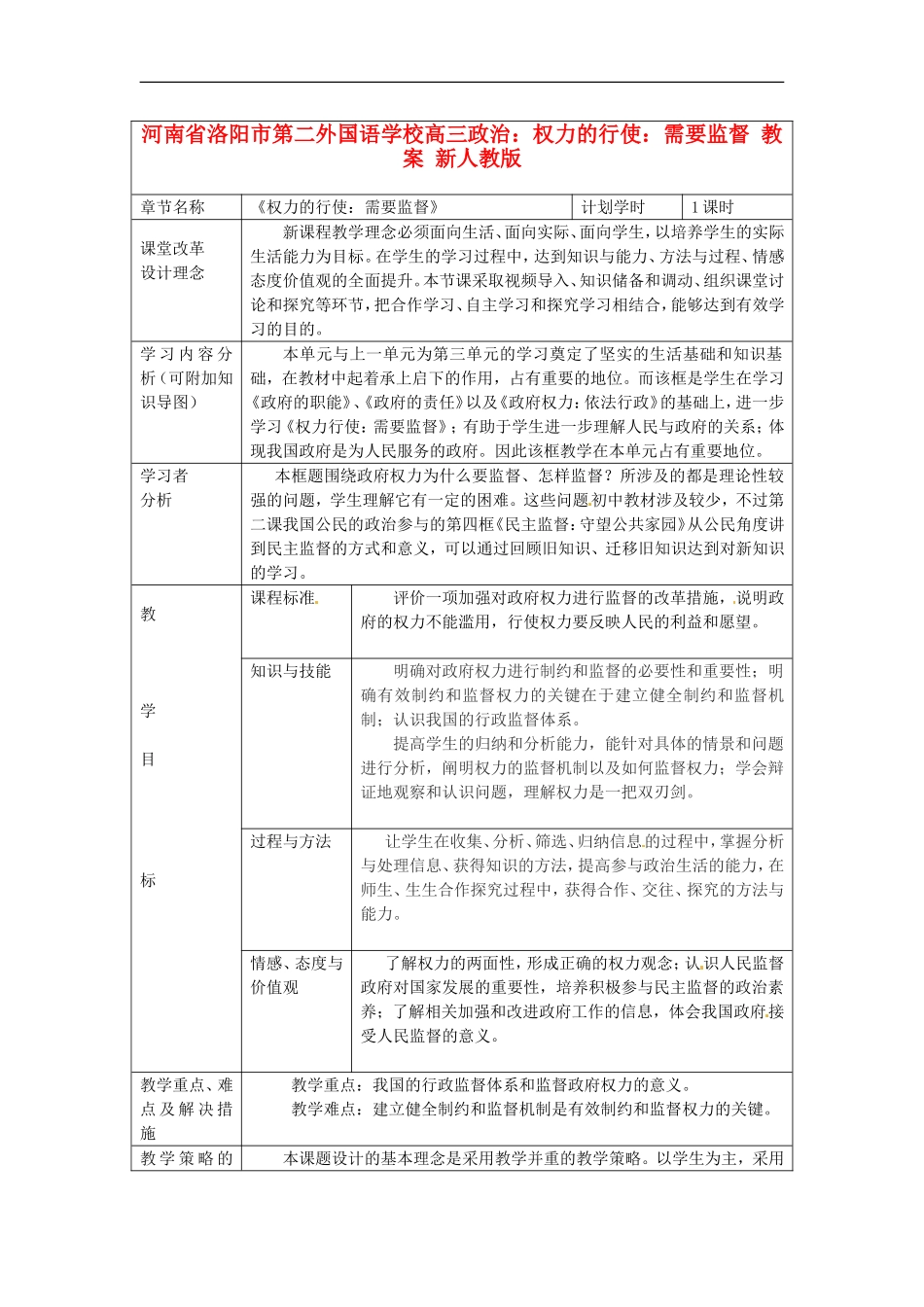 河南省洛阳市第二外国语学校高三政治-权力的行使：需要监督-教案-新人教版_第1页