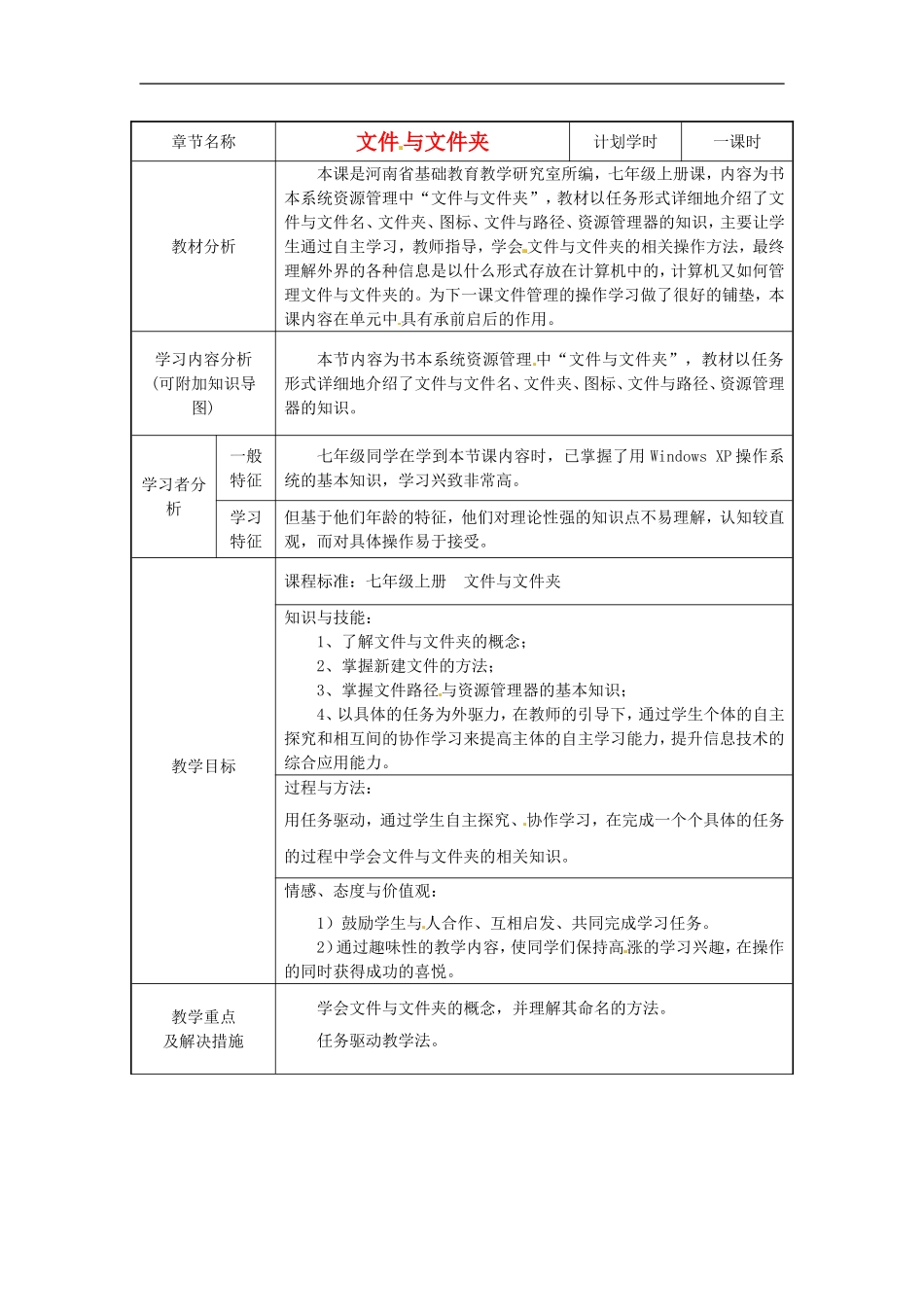 河南省濮阳市范县白衣阁第二中学初中信息技术《文件与文件夹》教案-人教新课标版_第1页