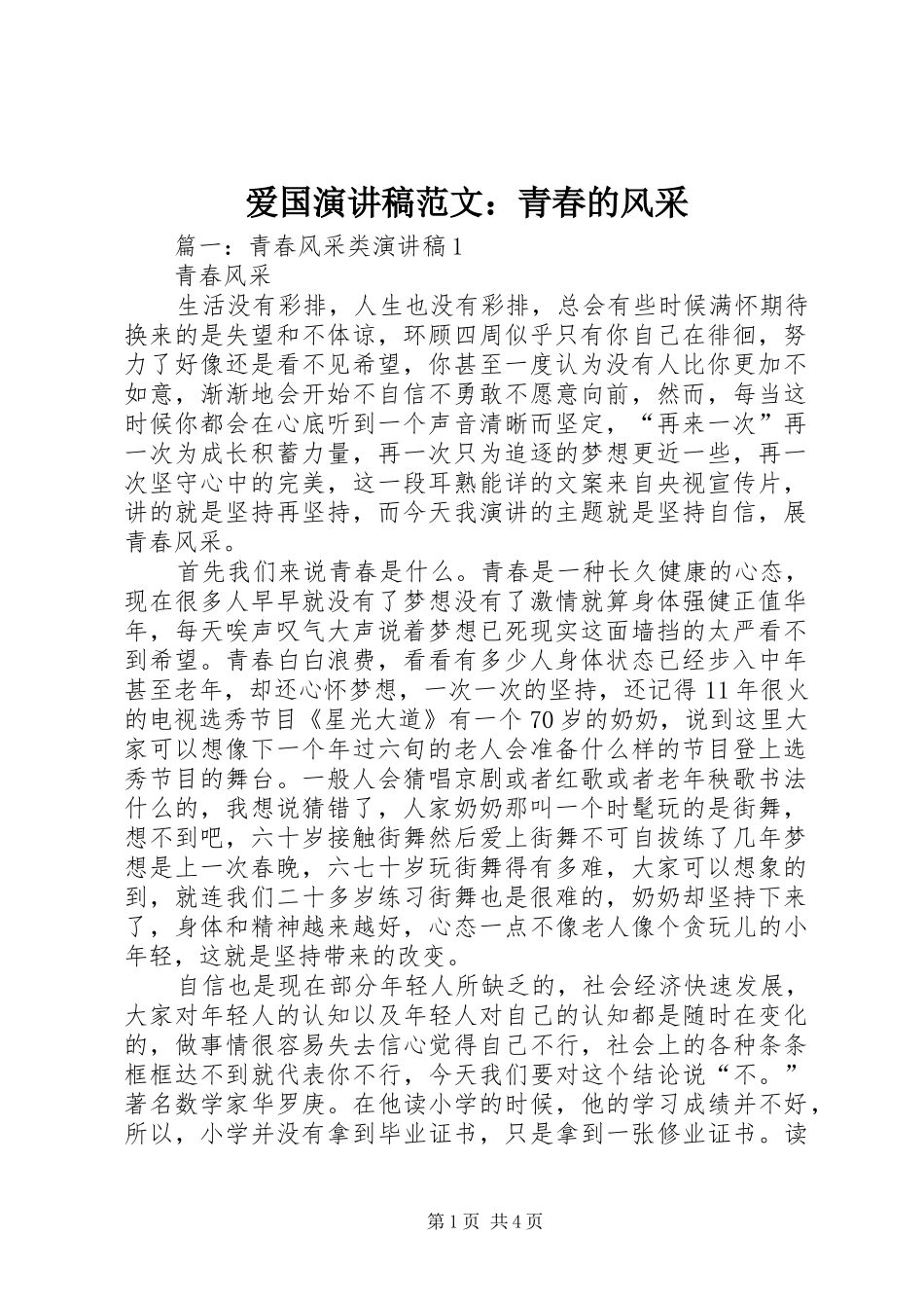 爱国演讲稿范文：青春的风采_第1页