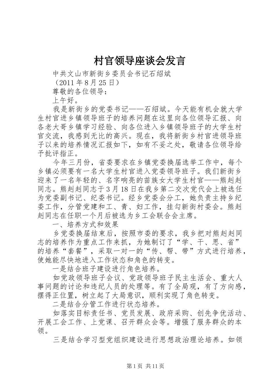 村官领导座谈会发言_第1页