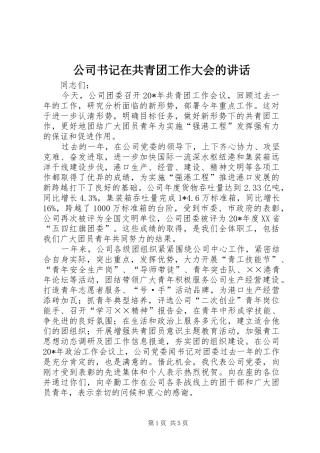 公司书记在共青团工作大会的讲话