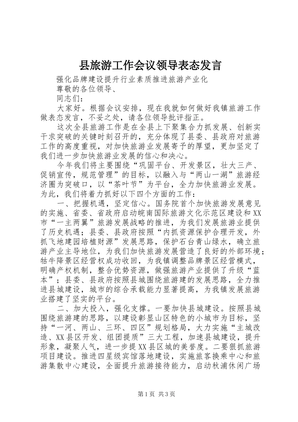 县旅游工作会议领导表态发言_第1页