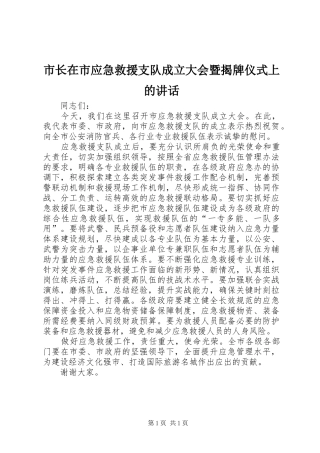 市长在市应急救援支队成立大会暨揭牌仪式上的讲话