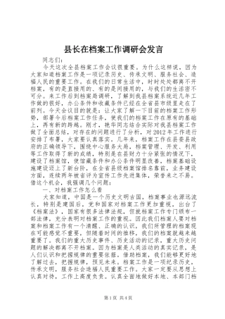 县长在档案工作调研会发言