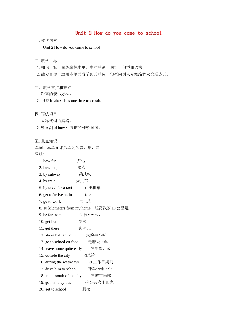 七年级英语下：Unit-2-How-do-you-come-to-school知识精讲(北京课改版)_第1页