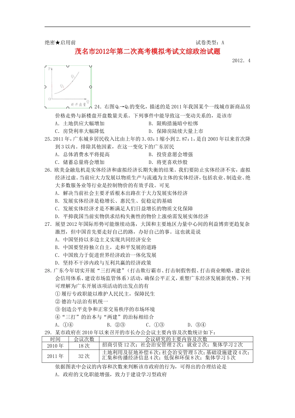 广东省茂名市2012届高三政治第二次模拟考试试题新人教版_第1页