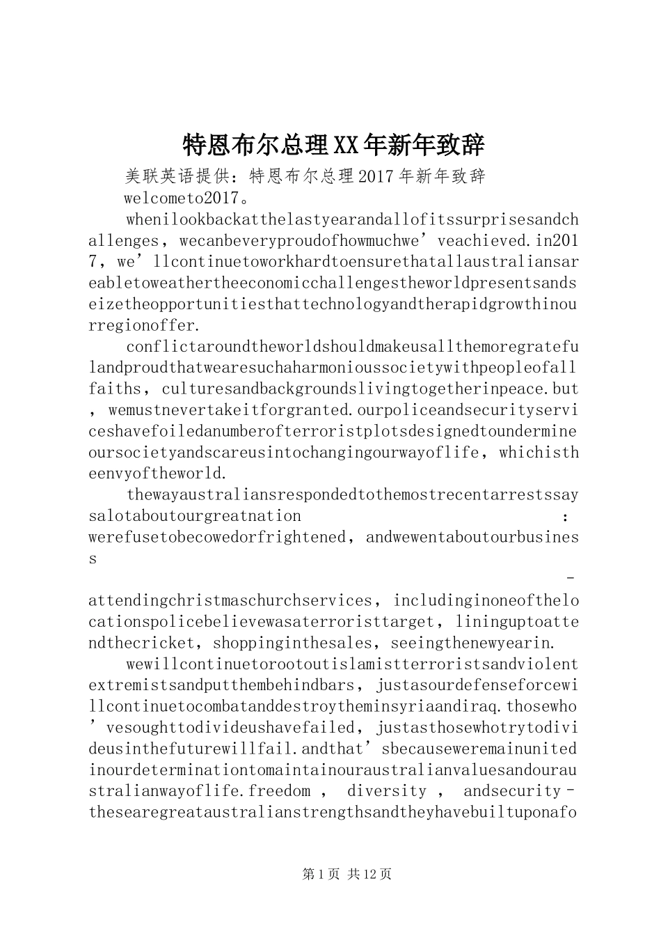 特恩布尔总理XX年新年致辞_第1页