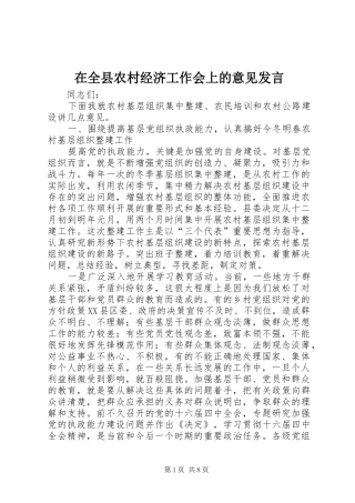 在全县农村经济工作会上的意见发言