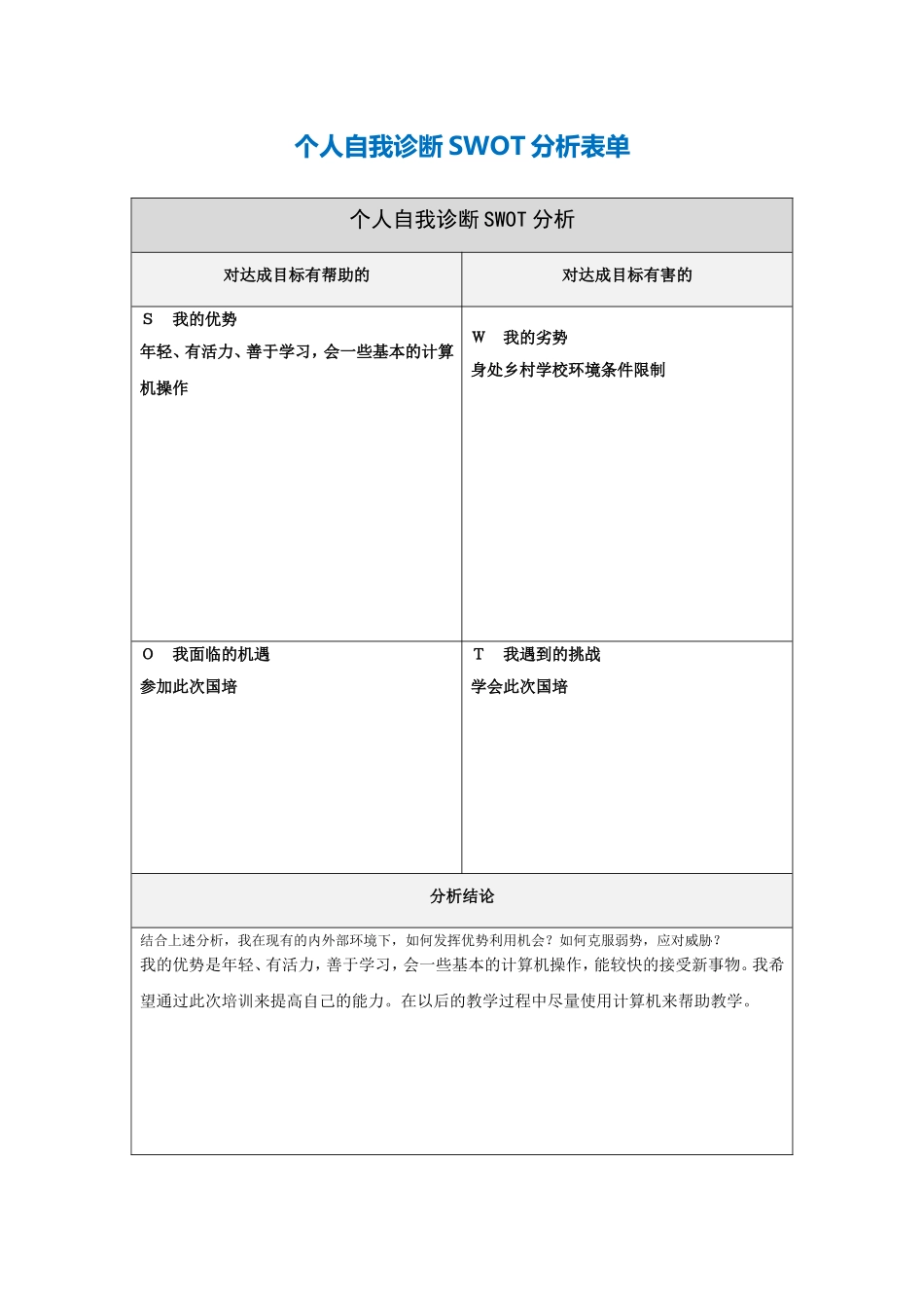 个人自我诊断SWOT分析表-873896_第1页
