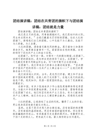 团结演讲稿：团结在共青团的旗帜下与团结演讲稿：团结就是力量