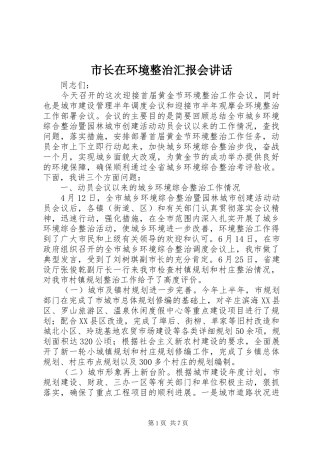 市长在环境整治汇报会讲话