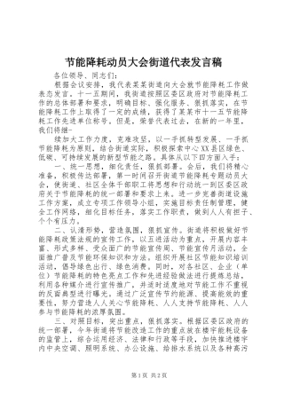 节能降耗动员大会街道代表发言稿