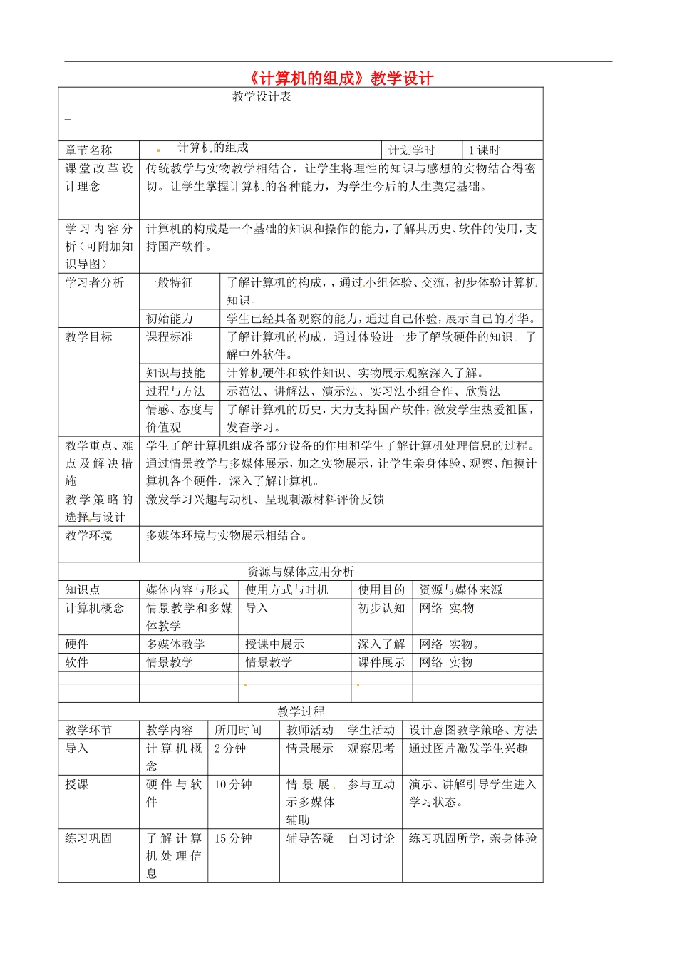河南省洛阳51中七年级信息技术《计算机的组成》教学设计-新人教版_第1页