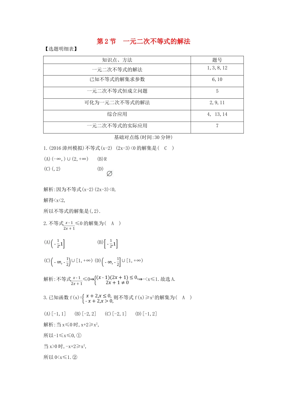 （普通班）高三数学一轮复习 第七篇 不等式 第2节 一元二次不等式的解法基础对点练 理-人教版高三全册数学试题_第1页
