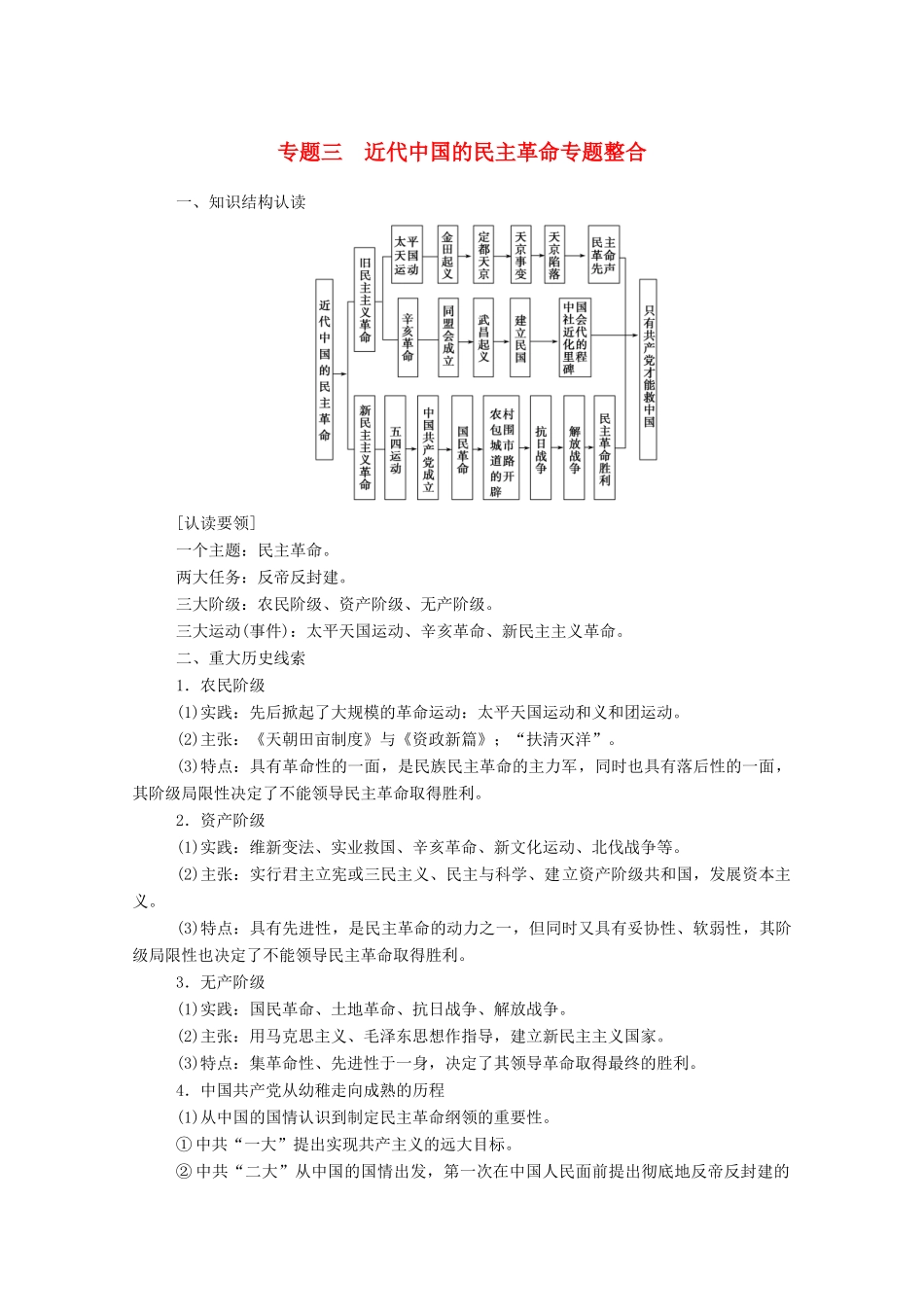 高中历史 专题三 近代中国的民主革命专题整合练习（含解析）人民版必修1-人民版高一必修1历史试题_第1页