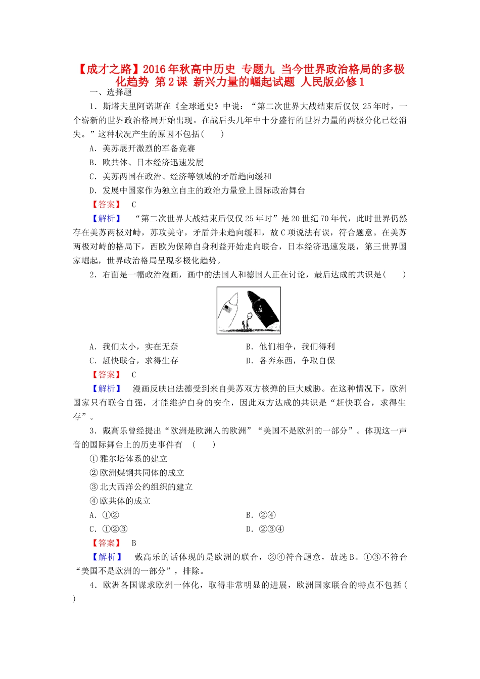 高中历史 专题九 当今世界政治格局的多极化趋势 第2课 新兴力量的崛起试题 人民版必修1-人民版高一必修1历史试题_第1页
