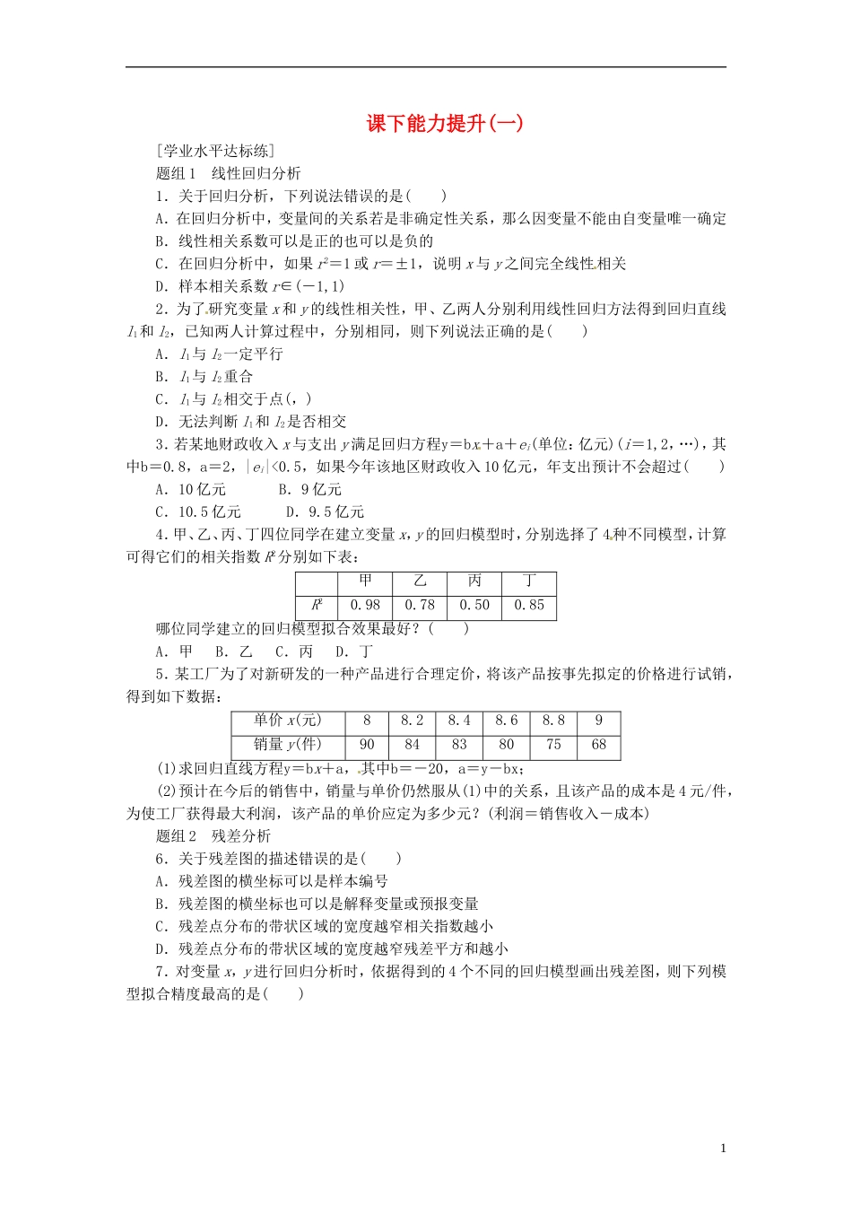 高中数学 课下能力提升（一）新人教A版选修1-2-新人教A版高二选修1-2数学试题_第1页