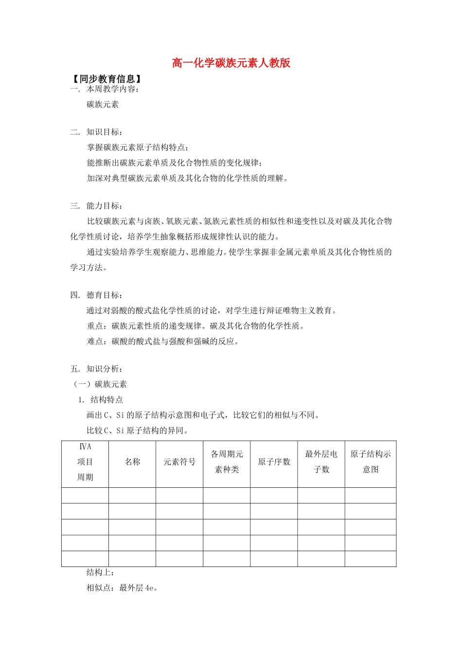 高一化学碳族元素人教版知识精讲_第1页