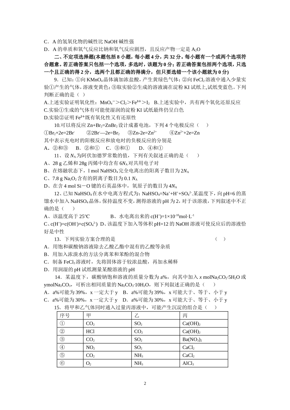 浙江省金、丽、衢十二校第一次联考高三化学模拟考试卷_第2页