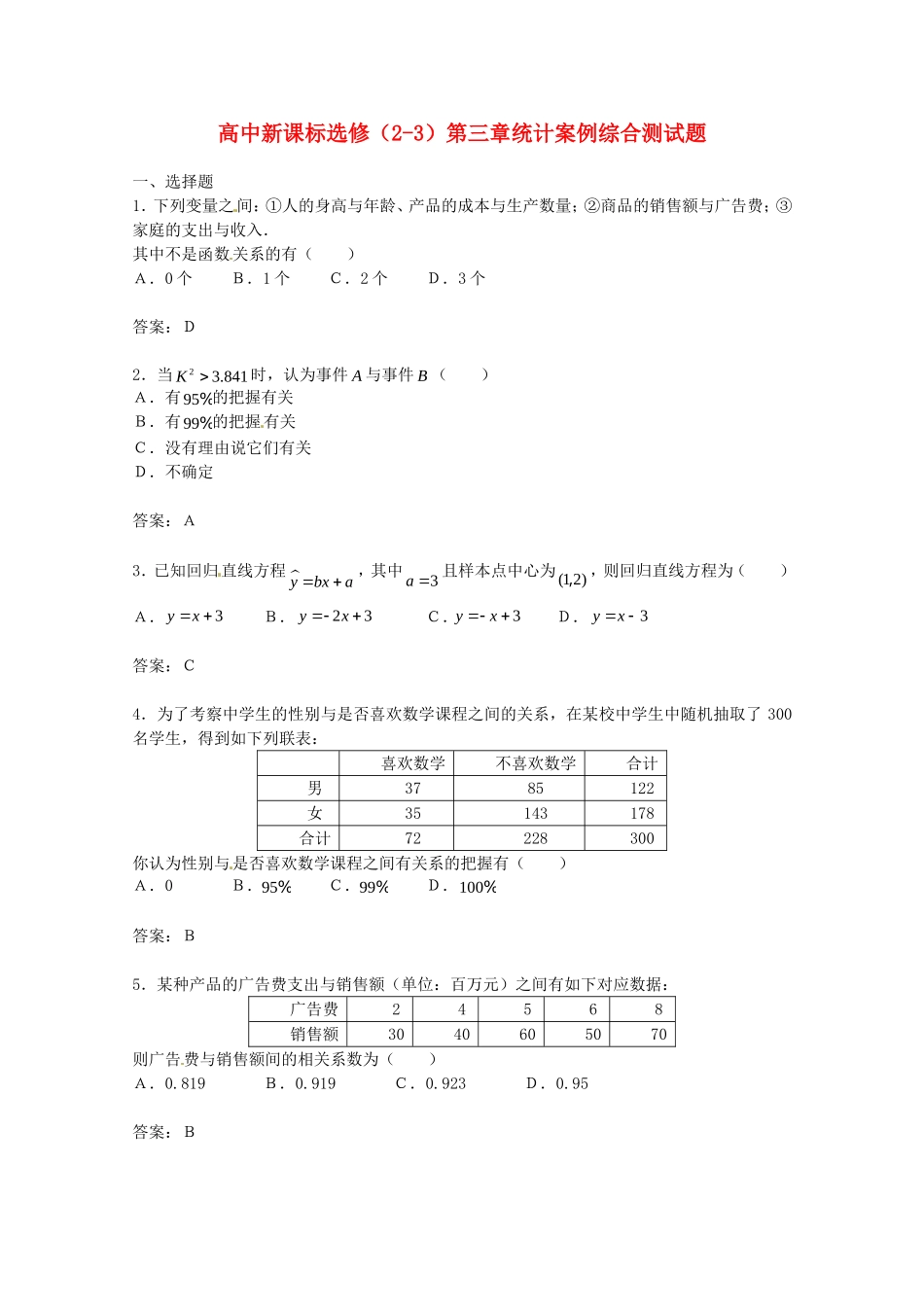 高中数学 第三章《统计案例》案例综合测试题 新人教A版选修2-3_第1页