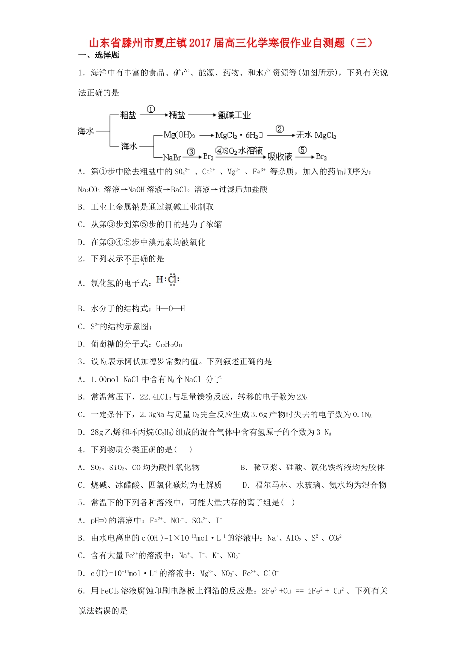 山东省滕州市夏庄镇高三化学寒假作业自测题（三）-人教版高三全册化学试题_第1页