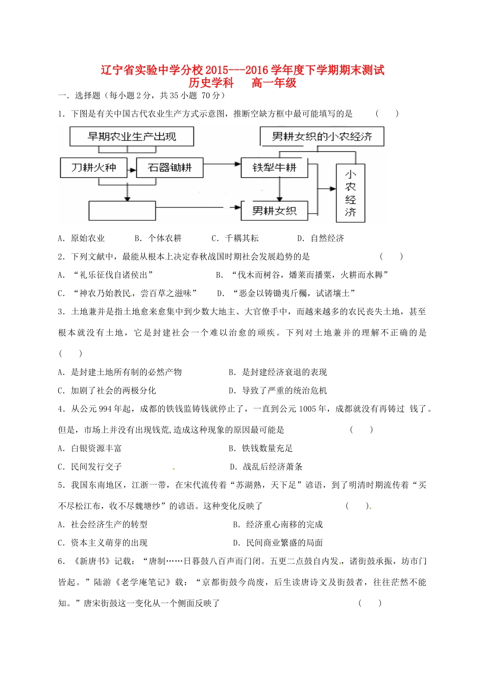 分校高一历史下学期期末考试试题 文-人教版高一全册历史试题_第1页