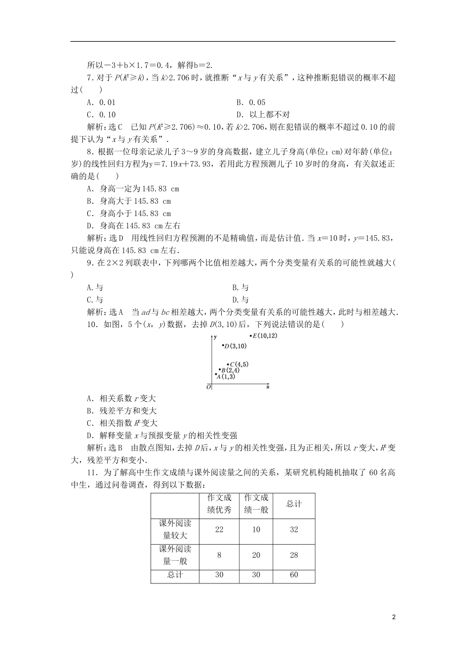 高中数学 第三章 统计案例阶段质量检测A卷（含解析）新人教A版选修2-3-新人教A版高二选修2-3数学试题_第2页