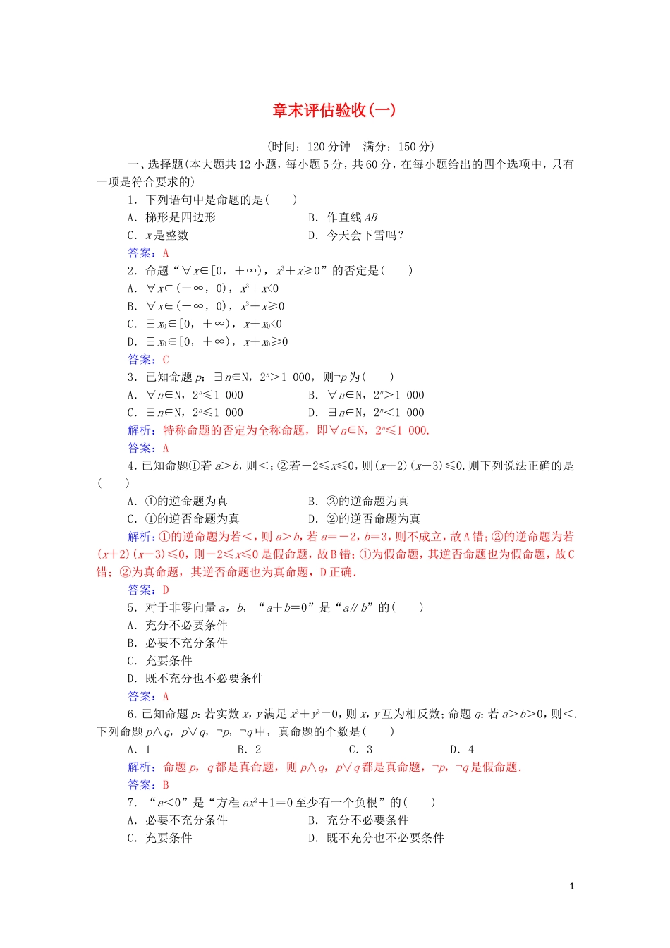 高中数学 第一章 常用逻辑用语章末评估验收达标练习（含解析）新人教A版选修2-1-新人教A版高二选修2-1数学试题_第1页