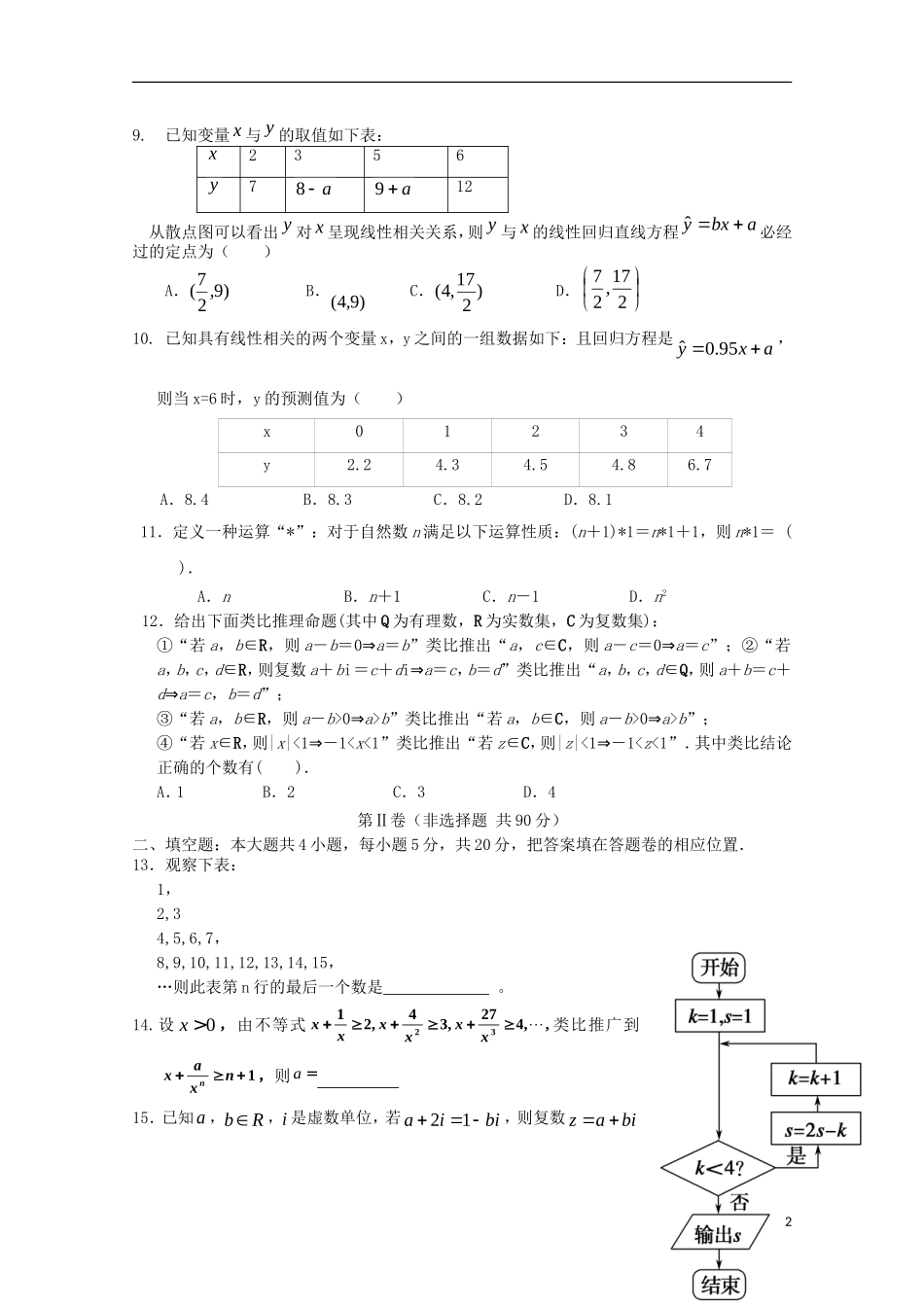 高二数学下学期第一次月考（4月）试题 文-人教版高二全册数学试题_第2页