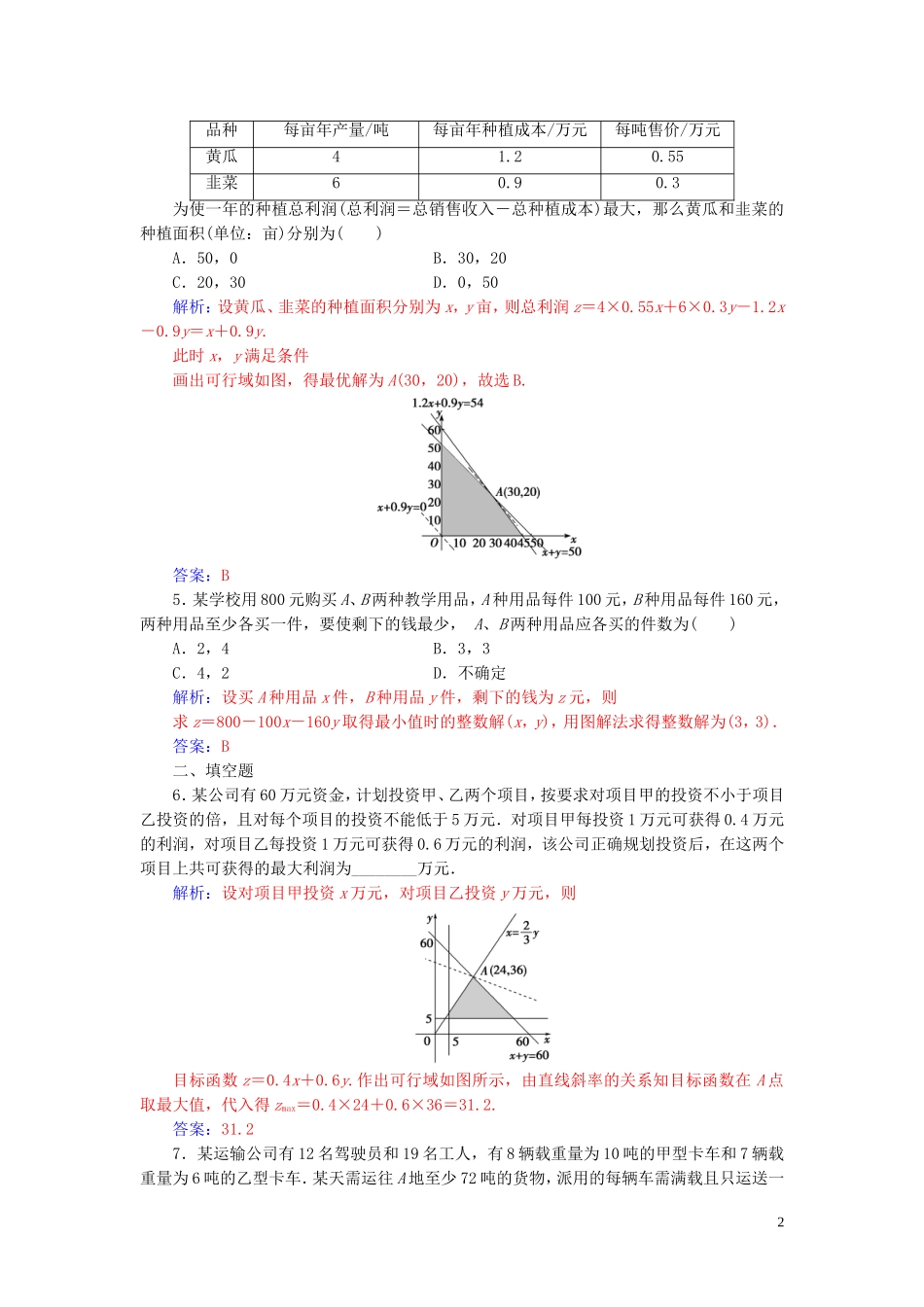 高中数学 第三章 不等式 3.3.2 简单的线性规划问题 第2课时 线性规划的实际应用练习（含解析）新人教A版必修5-新人教A版高二必修5数学试题_第2页
