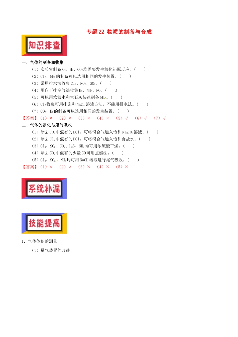 备考高考化学150天全方案之排查补漏提高 专题22 物质的制备与合成讲义-人教版高三全册化学试题_第1页