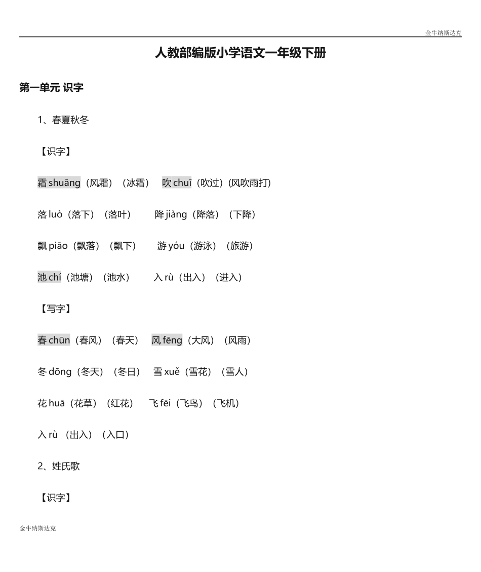 人教部编版小学语文一年级下册词语表_第1页