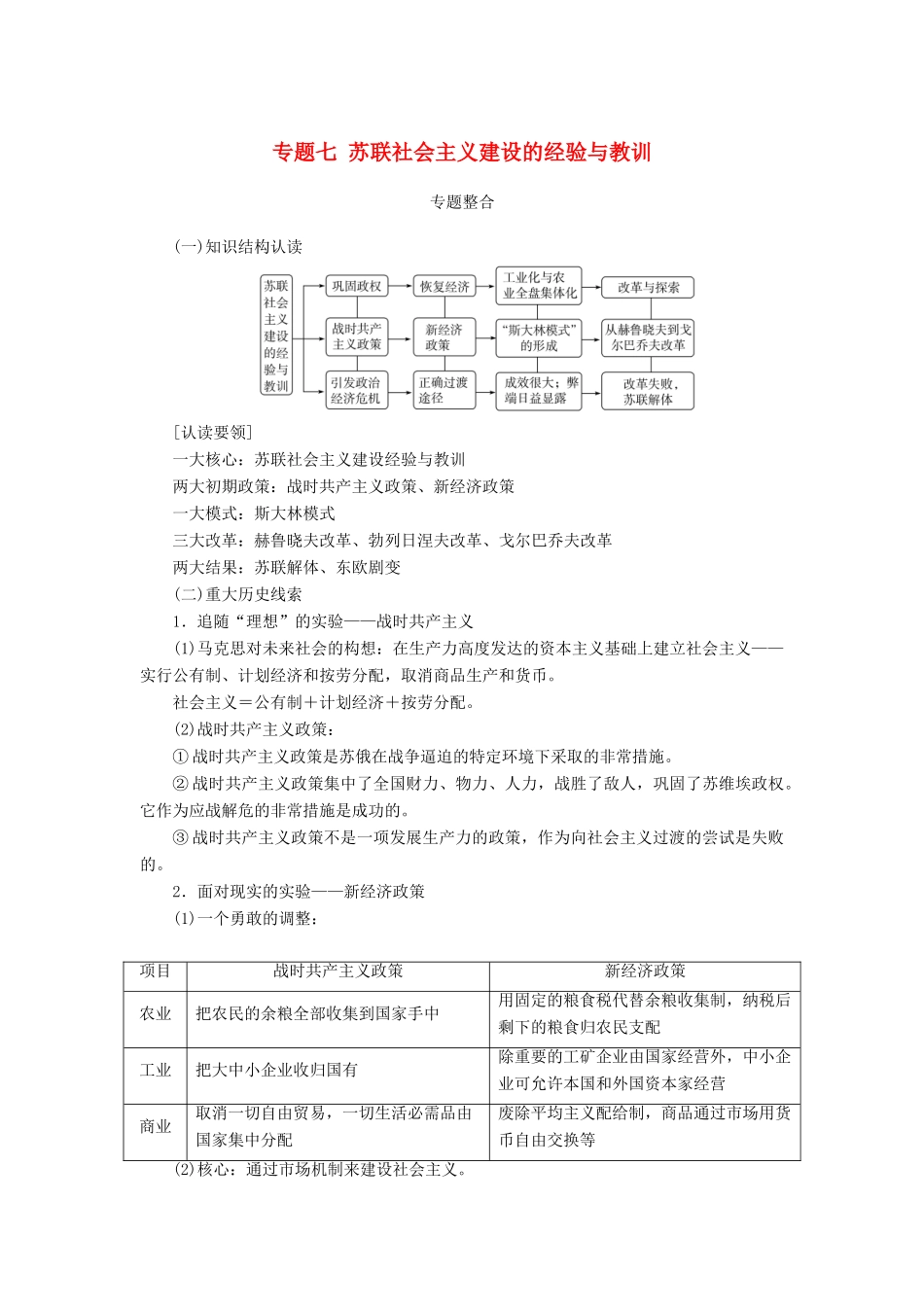 高中历史 专题七 苏联社会主义建设的经验与教训专题整合练习 人民版必修2-人民版高一必修2历史试题_第1页