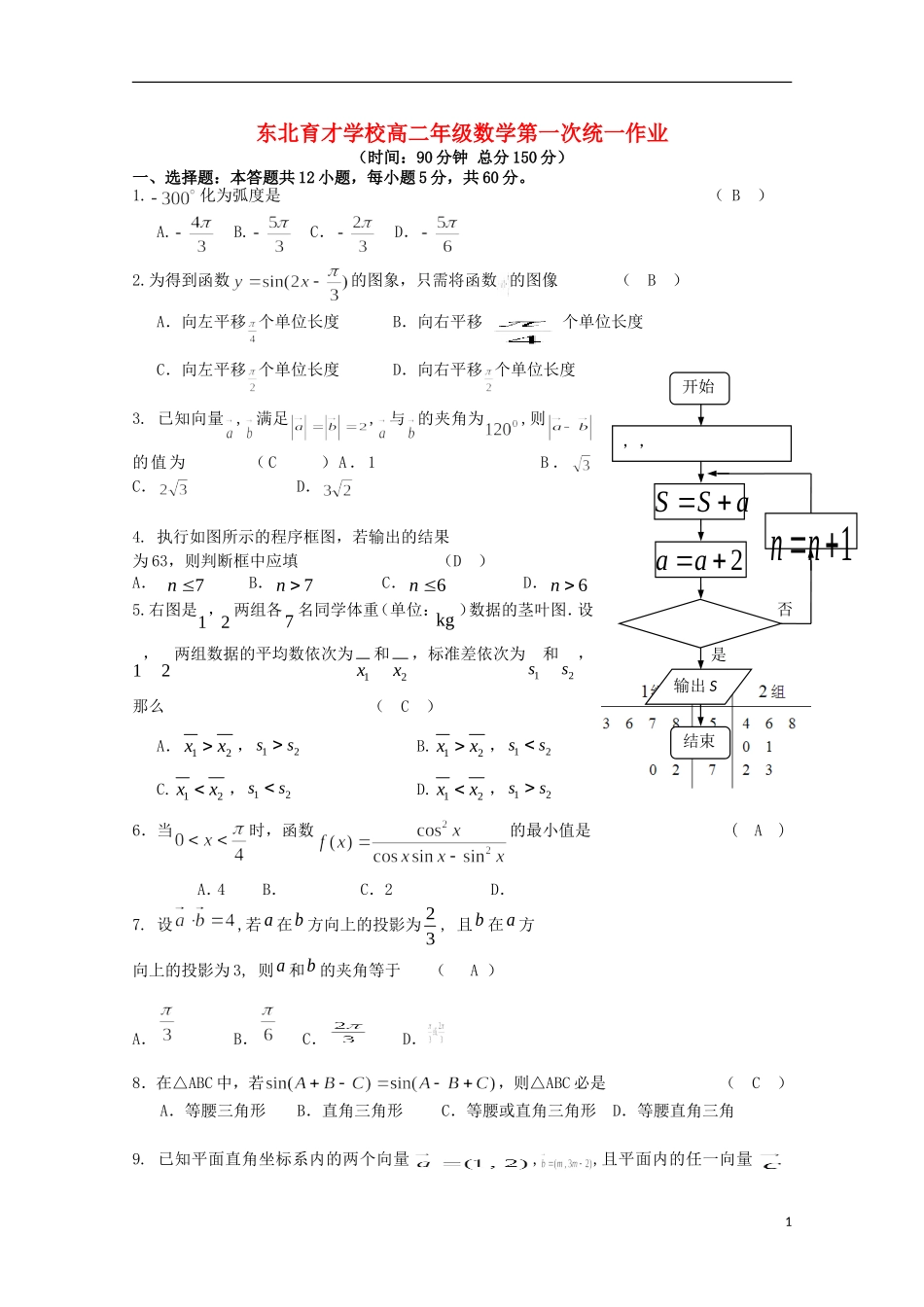高二数学上学期第一次统一作业试题-人教版高二全册数学试题_第1页