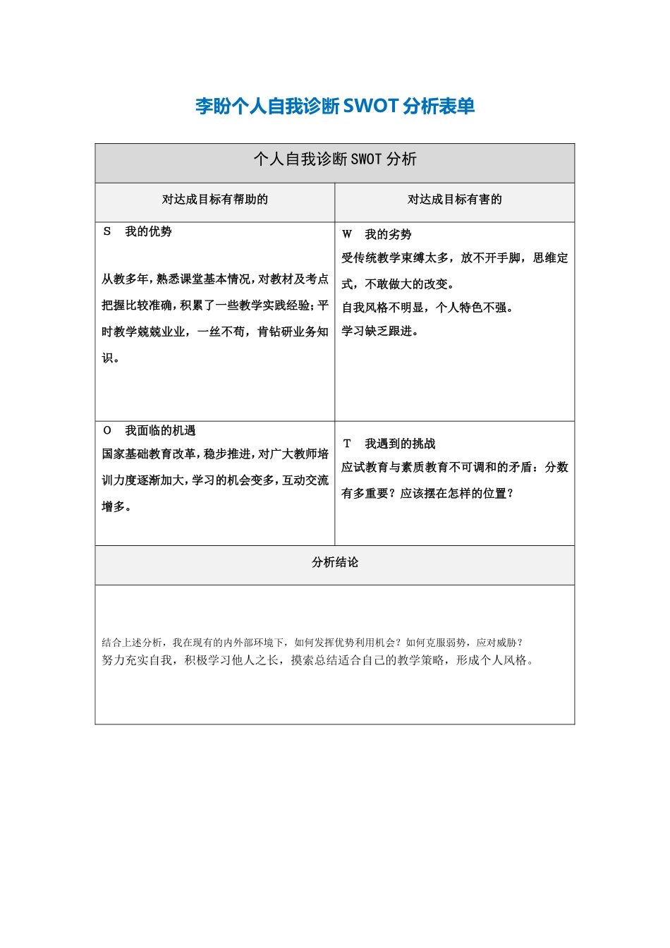 李盼个人自我诊断SWOT分析表_第1页