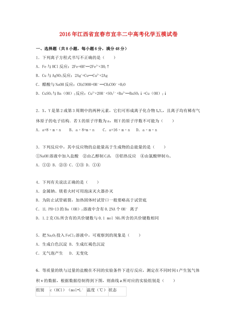 江西省宜春市宜丰二中高考化学五模试卷（含解析）-人教版高三全册化学试题_第1页