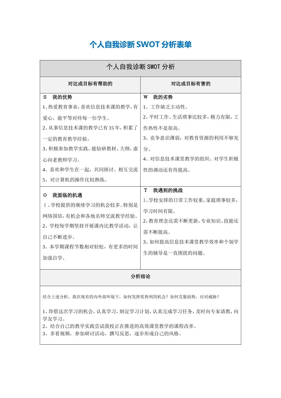 龚主华个人自我诊断SWOT分析表_第1页