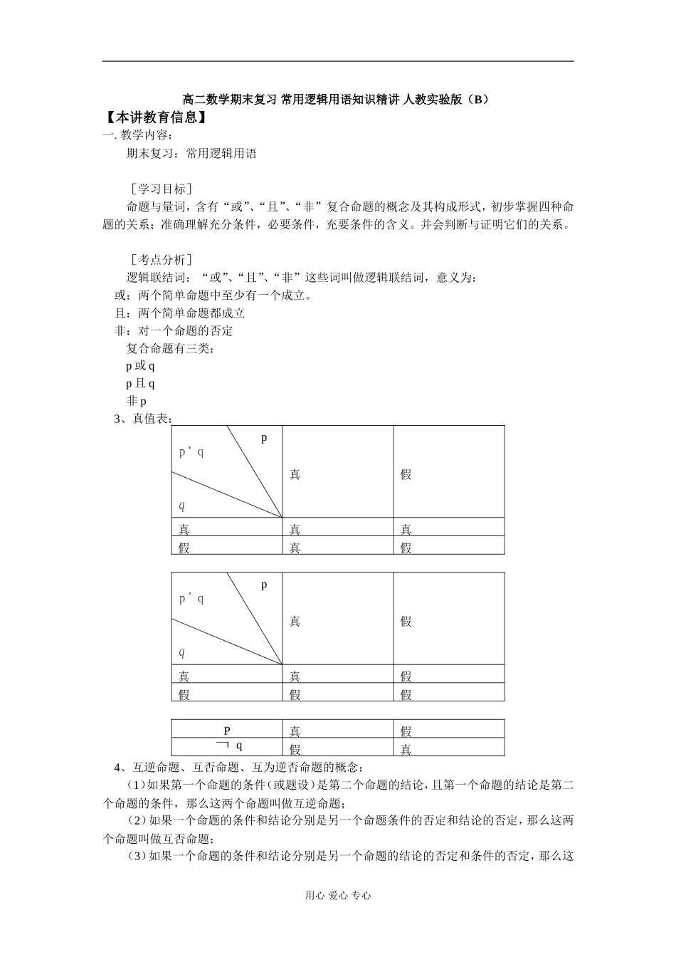 高二数学期末复习 常用逻辑用语知识精讲 人教实验版（B）_第1页