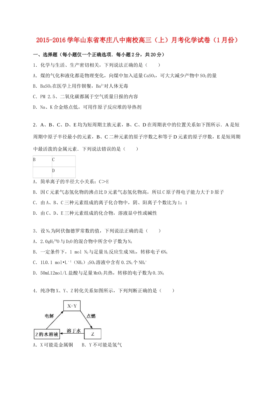 山东省枣庄八中南校高三化学上学期1月月考试卷（含解析）-人教版高三全册化学试题_第1页