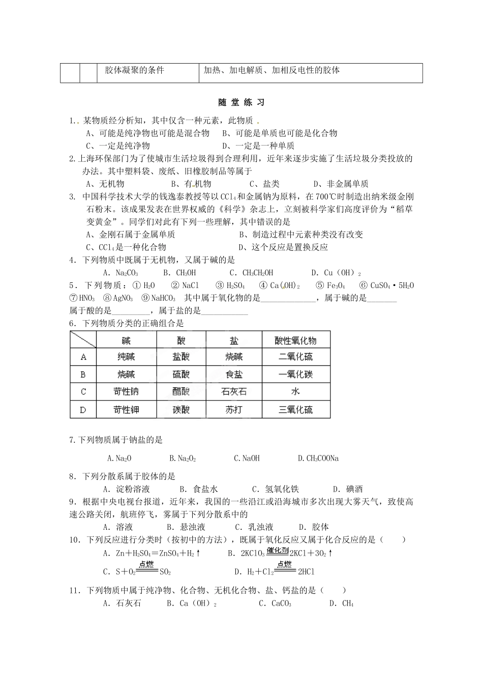 内蒙古伊图里河高级中学高一化学《2.1 物质的分类》复习提纲 新人教版_第2页