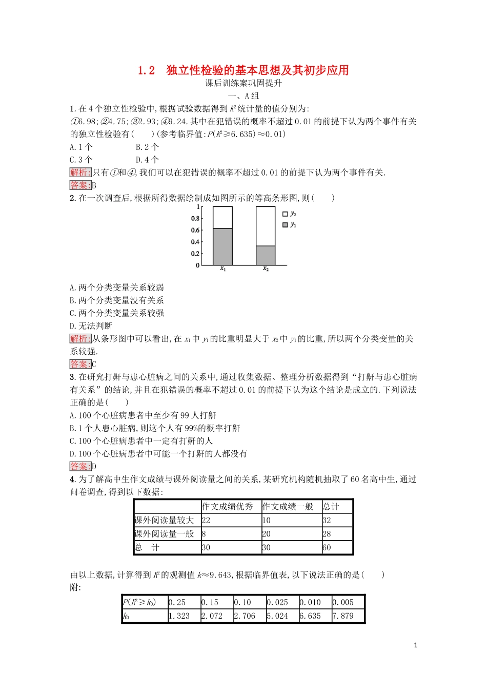 高中数学 第一章 统计案例 1.2 独立性检验的基本思想及其初步应用课后训练案巩固提升（含解析）新人教A版选修1-2-新人教A版高二选修1-2数学试题_第1页