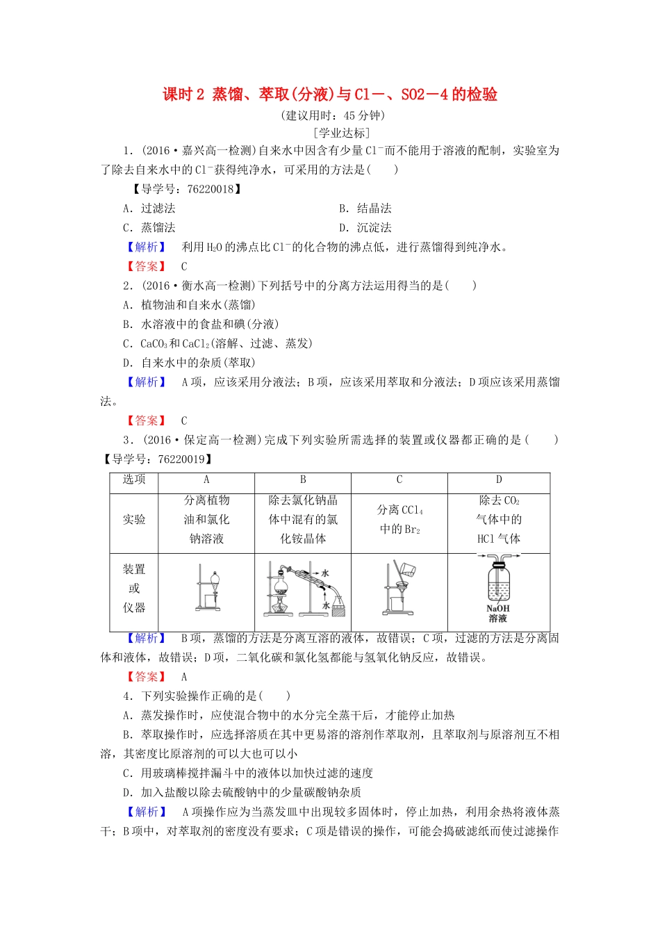 高中化学 第1章 从实验学化学 第1节 化学实验基本方法 课时2 蒸馏、萃取(分液)与Cl－、SO2－4的检验学业分层测评 新人教版必修1-新人教版高一必修1化学试题_第1页