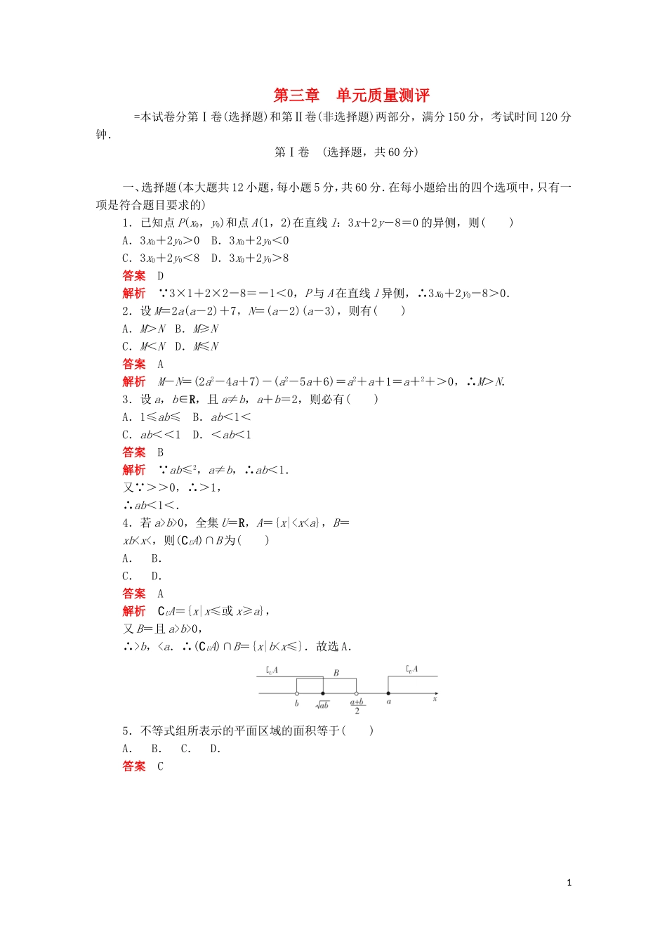 高中数学 第三章 不等式单元质量测评（含解析）新人教A版必修5-新人教A版高二必修5数学试题_第1页