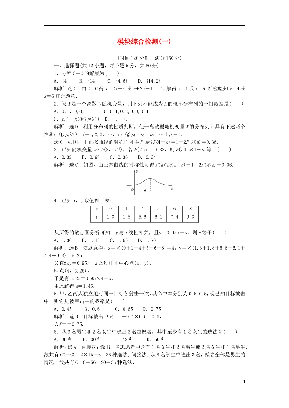 高中数学 模块综合检测（一）新人教A版选修2-3-新人教A版高二选修2-3数学试题_第1页